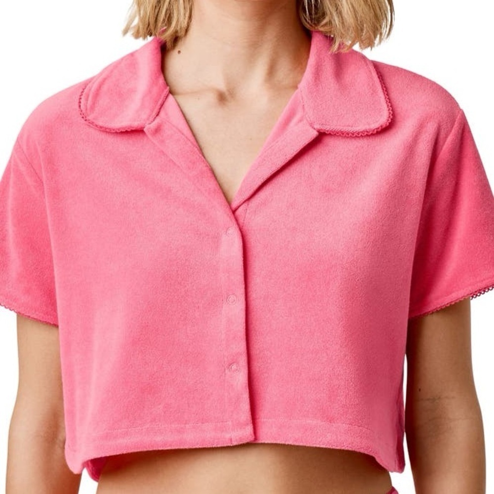 New Florence by Mills Medium Terry Cloth Crop Shirt Calypso Coral Loungewear